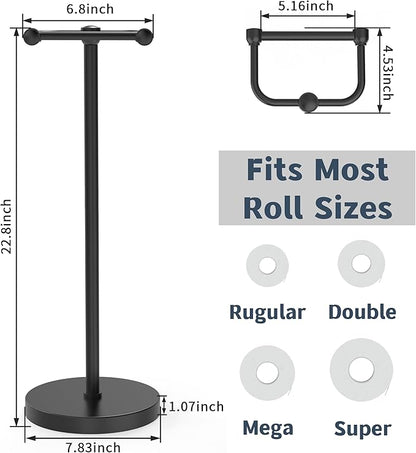 Toilet Paper Holder Stand, Modern Bathroom Free Standing Toilet Paper Roll Holder, Stainless Steel Tissue Rack, Rust-Proof & Heavy Stable Base (Matte Black)