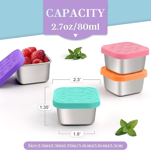 Qukaka 6x2.7 Oz Salad Dressing Container to Go,Handy Leakproof Stainless Steel Meal Prep Containers Reusable,Sauce Containers for Lunch Box, Picnics, Travel, Office and Kitchen Storage-Square