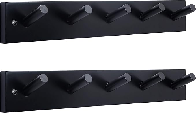 WEBI Coat Rack Wall Mounted,16" Hole to Hole,Coat Hanger Wall Mount with 5 Hooks for Hanging Coats,Hook Rack Peg Rail for Hats,Jacket,Clothes,Towels,Black,2 Packs