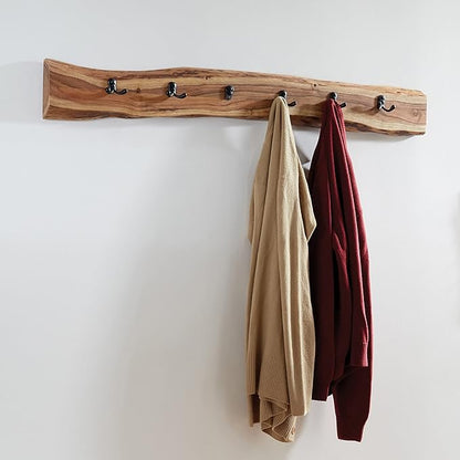 Alpine Natural Live Edge Wood 48-Inch Coat Rack with 6 Black Metal Hooks, Unique Natural Wood Characteristics, and Clear Finish for Entryway, Hallway, or Mudroom by Alaterre Furniture