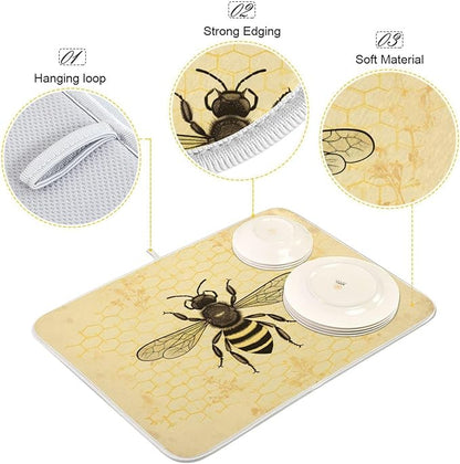 Chic Retro Art Honeycomb Bee Microfiber Dish Drying Kitchen Countertop Table Protector Multipurpose Counter Rack Sink Drainer Pad (16" x 18")