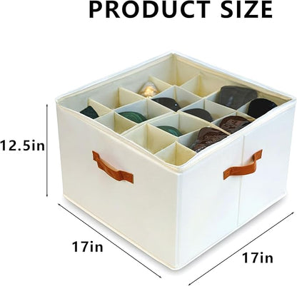 SEIUGDEF Shoe Organizer for Closet with Adjustable Dividers & Clear Cover - Fits up to 16 Pairs, Foldable Storage Box (Beige)