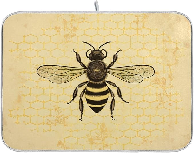Chic Retro Art Honeycomb Bee Microfiber Dish Drying Kitchen Countertop Table Protector Multipurpose Counter Rack Sink Drainer Pad (16" x 18")