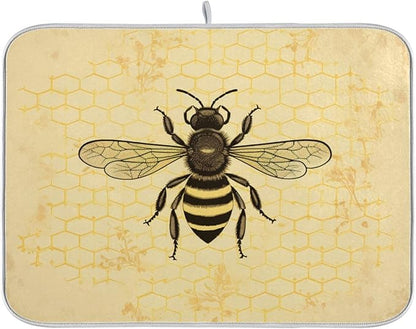 Chic Retro Art Honeycomb Bee Microfiber Dish Drying Kitchen Countertop Table Protector Multipurpose Counter Rack Sink Drainer Pad (16" x 18")