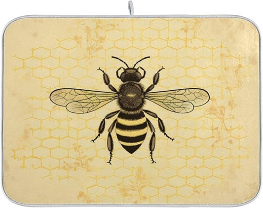 Chic Retro Art Honeycomb Bee Microfiber Dish Drying Kitchen Countertop Table Protector Multipurpose Counter Rack Sink Drainer Pad (16" x 18")