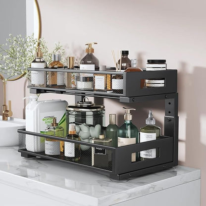 2 Packs 19IN Depth Under Sink Organizer, 2-Tier Pull Out Cabinet Organizer With Smooth Circular Rail, Large Capacity Metal Mesh Sliding Drawers For Bathroom& Kitchen Storage,Height Adjustable –Black