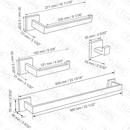 TURS 5-Piece Bathroom Hardware Set Polished Towel Bar Sets Include 23.4 Inch Towel Rail Hand Towel Bar Tissue Holder and 2 Towel Hooks, Stainless Steel Wall Mounted Towel Racks for Bathroom