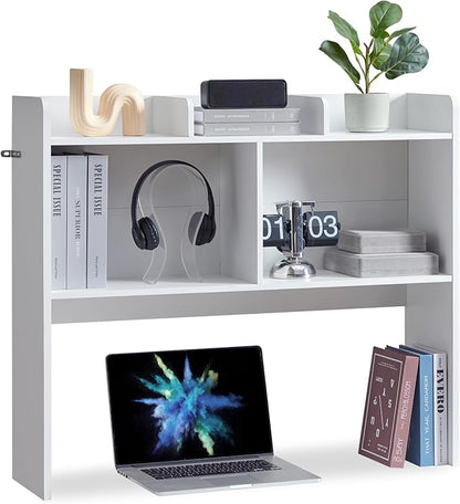 Desktop Bookshelf, Wooden Desk Storage Hutch with 5 Shelves, 3-Tier Desktop Display Organizer Rack for Office Home (White, 5 Shelves B)