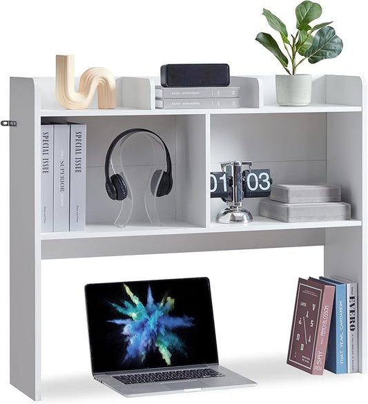 Desktop Bookshelf, Wooden Desk Storage Hutch with 5 Shelves, 3-Tier Desktop Display Organizer Rack for Office Home (White, 5 Shelves B)