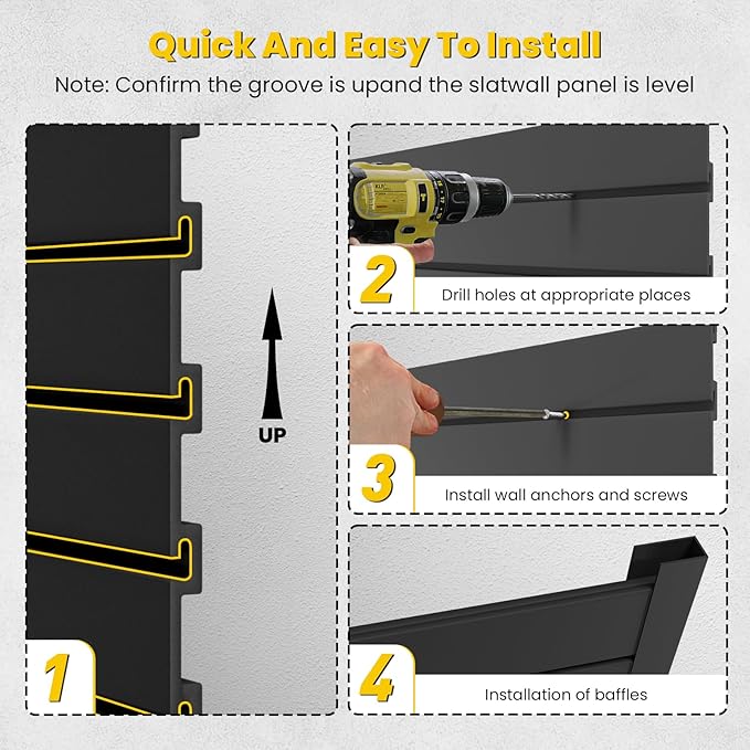 SlatWall Paneling 4x2 FT, PVC Slat Wall Panels with 8 Hooks Heavy-Duty Garage Organization System, Slatwall Pegboard Suitable for Home、Garage、Shop Wall Display & Organization (Black)