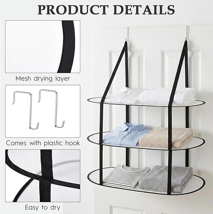 2Pcs 3 Tier Over The Door Folding Drying Rack with Excellent Load-Bearing,Large Sweater Drying Rack,Lay fold Flat Mesh Clothes Hanging Dryer for Quickly Dry Clothing,Sweater,and Room Organization