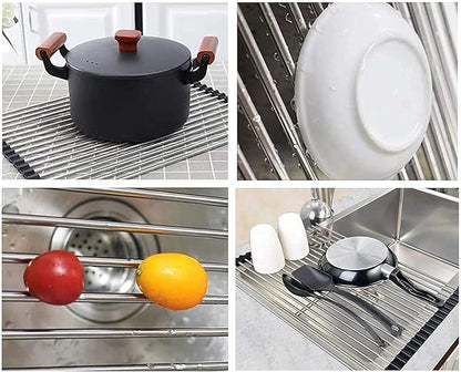 Stainless Steel Roll Up Dish Rack Over The Sink Roll Out Dish Drying Rack for Kitchen Dishes,Cups