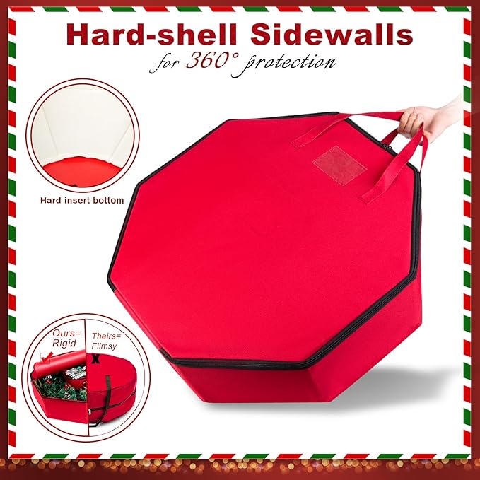 2 Pack Wreath Storage Christmas Garlands Bag with Interior Pockets Large Xmas Container Box for holiday Decorations Case with Dual Zipper and Handles Window Labeling Card Slot 24" Red