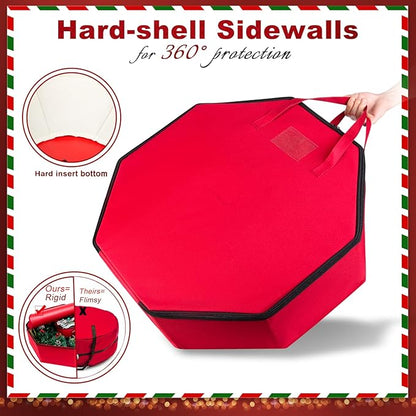 Wreath Storage Christmas Garlands Bag with Interior Pockets Large Xmas Container Box for Holiday Decorations Case with Dual Zipper and Handles Window Labeling Card Slot 24" Red