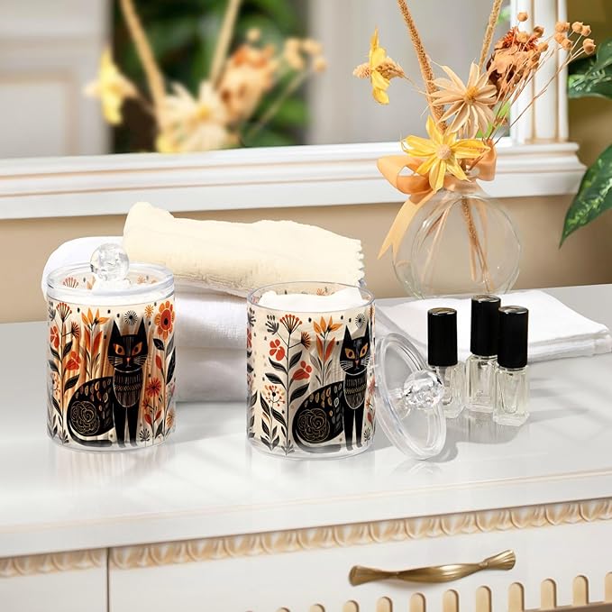 MNSRUU 4 Pack Qtip Holder Organizer Dispenser Black Cat Flowers Pink Bathroom Storage Canister Cotton Ball Holder Bathroom Containers for Cotton Swabs/Pads/Floss