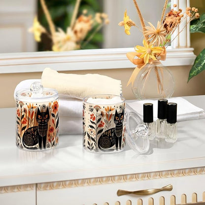 MNSRUU 4 Pack Qtip Holder Organizer Dispenser Black Cat Flowers Pink Bathroom Storage Canister Cotton Ball Holder Bathroom Containers for Cotton Swabs/Pads/Floss