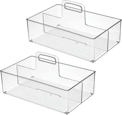 mDesign Large Plastic Divided Portable Storage Organizer Caddy Tote Basket Bin with Handle for Kitchen, Pantry, Countertop, Cabinet, Cupboard - Ligne Collection - 2 Pack - Clear