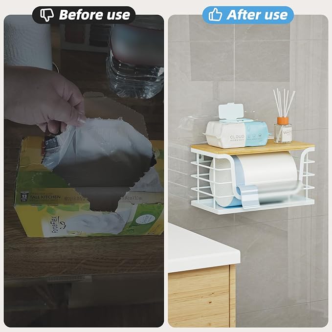 Trash Bag Holder Dispenser,Garbage Bag Holder Dispenser,Wall Mount Trash Garbage Bag Organizer Under Sink,Bamboo Lid Container for Laundry Room Kitchen and Pantry Organization and Storage,Standard