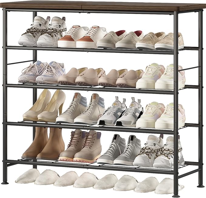 SUOERNUO Shoe Rack Organizer 5 Tier for Closet Entryway Free Standing Metal Storage Shoe Shelf with MDF Top Board，Black+Rustic Brown