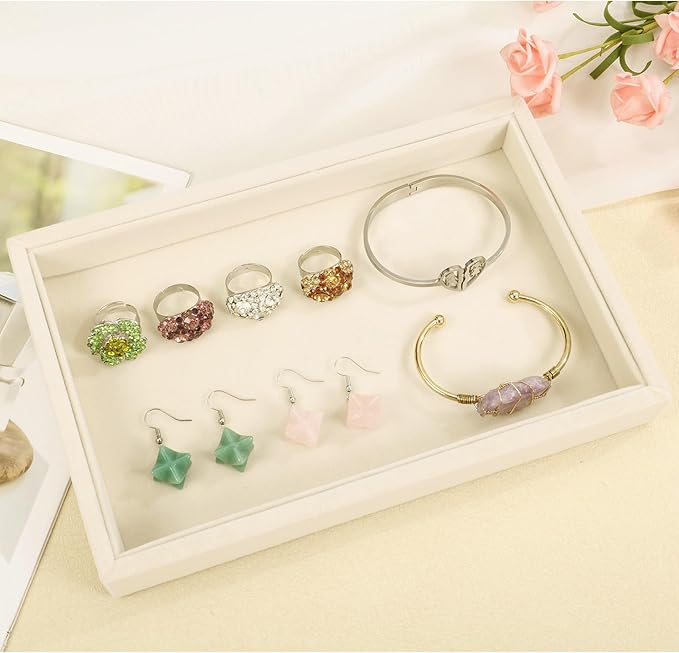 Mornajina 2 Pcs 9" x 5.7" Velvet Jewelry Tray Jewelry Display Tray, Stackable Empty Plate Trays for Earrings Necklaces Bracelet Rings Display Showcase - Light Khaki