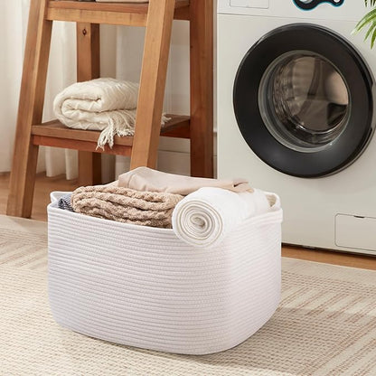 White Storage Baskets for Organizing, Toy Basket Storage Kids, Nursery Cotton Rope Baskets for Living Room, Deorative Organizer Bin Box (White)