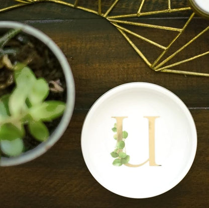Trinket Tray Ring Dish with Personalized U in Gold Foil and Greenery - White Ring Dish- Monogrammed Trinket Dish or Jewelry Bowl - Cedar & Ink (U)