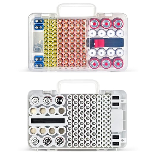 Battery Organizer Storage Case with Tester Checker. Batteries Holder Box Container for 120+ AA AAA 9V C D Lithium CR2025 CR1632 CR2032 Coin Cell Battery with Wall-Mounted Design -Transparency
