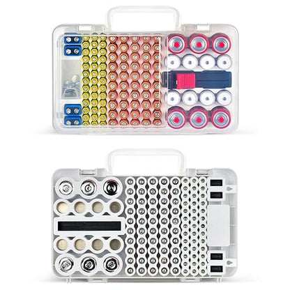 Battery Organizer Storage Case with Tester Checker. Batteries Holder Box Container for 120+ AA AAA 9V C D Lithium CR2025 CR1632 CR2032 Coin Cell Battery with Wall-Mounted Design -Transparency