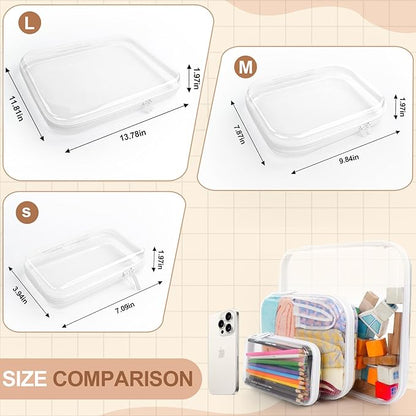3PCS Clear Hard Shell Zipper Case,Toy Organizers and Storage Box,Clear Toiletry Cosmetic Case,Travel Makeup Bags, Diaper Bag Organizer,Pencil Case,Stackable Portable Transparent Zipper Pouches White-M