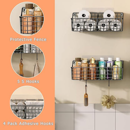 4 Pack EXTRA LARGE Hanging Wall Mount Storage Baskets With Divider, Metal Wire Basket With 4 Strong Adhesive Hooks +5 S Hooks,Organizing Wall Shelf for Home Kitchen Bathroom Pantry Garage RV, Black