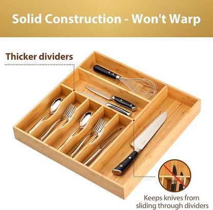 Umilife Large Kitchen Drawer Organizer, 19"x20" Silverware Utensils Organizer, 2.5" High for Large Deep Drawers, Bamboo Flatware Holder with Thick Frames, Sturdy Kitchen Organization Tray