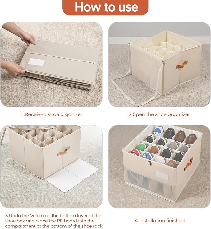 Chewlish Shoe Organizer for Closet, Foldable Shoe Storage Organizer Containers with Clear Cover, Space Saving Shoes Holder with Handles, Beige (2, L)