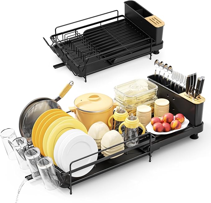 PXYHMUS Large Dish Drying Rack, Multifunctional Dish Rack for Kitchen Counter, Expandable Dish Drainers with Drainboard Utensil Holder, Cup Holder, Black
