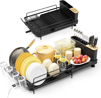PXYHMUS Large Dish Drying Rack, Multifunctional Dish Rack for Kitchen Counter, Expandable Dish Drainers with Drainboard Utensil Holder, Cup Holder, Black