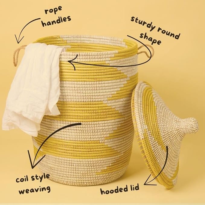 Medium Yellow Basket - Organize Bedroom, Living Room, Nursery - Laundry Hamper, Toy Bin, Blanket Storage, Towels Holder - Decorative, Boho Style - Wicker, Woven, Lid, Handles