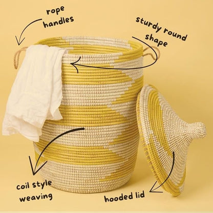 Medium Yellow Basket - Organize Bedroom, Living Room, Nursery - Laundry Hamper, Toy Bin, Blanket Storage, Towels Holder - Decorative, Boho Style - Wicker, Woven, Lid, Handles