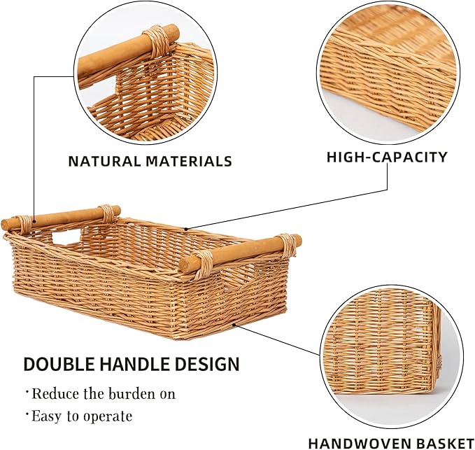 YAHUAN Woven Wicker Storage Basket Wicker Tray Shallow Basket Organizing 16.54L x 11.02W x4.72H in (Wicker)