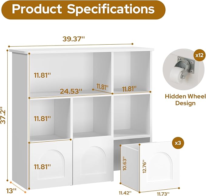 Toy Storage Organizer with 3 Movable Drawers,Montessori Bookshelf with 5 Open Cubbies,White Kids Bookshelf with Wall Mounting Hardware for Playroom,Den and Kids Room