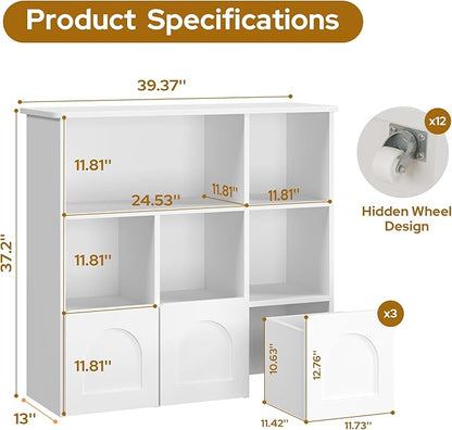 Toy Storage Organizer with 3 Movable Drawers,Montessori Bookshelf with 5 Open Cubbies,White Kids Bookshelf with Wall Mounting Hardware for Playroom,Den and Kids Room