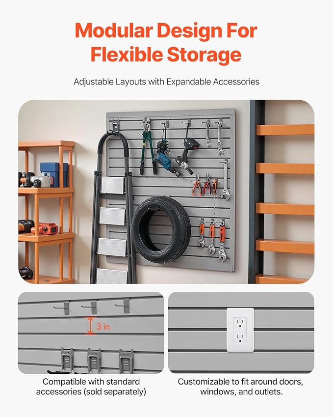 VEVOR Slat Wall Paneling, 4 x 4 ft, PVC Garage Slatwall with Modular Design, Grey Slat Wall Easy-to-Install Adjustable Slatwall Panel with Coupling Structure & DIY Cutting, Fits for Storage & Display