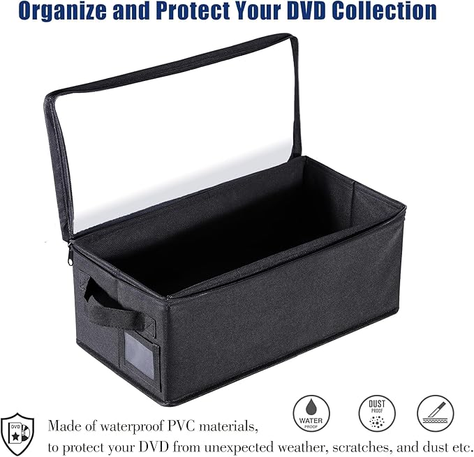 CCidea DVD Storage Box with Clear Window - 15.75" Foldable Media Organizer, Premium Zipper Closure, Holds 27+ DVDs, Dustproof Non-woven Fabric, Reinforced Handles & Label Slot (Black) (2)
