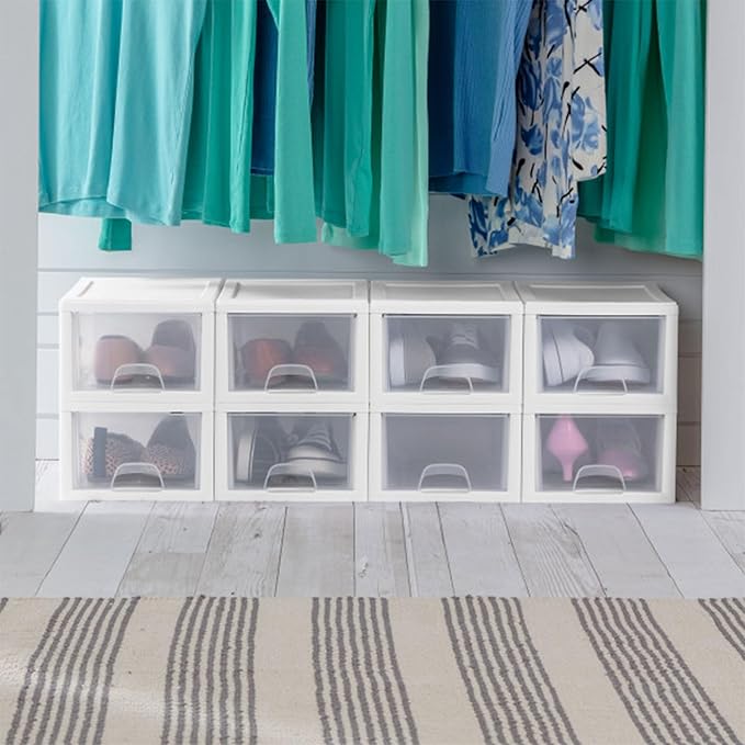 Sterilite 6-Pack 6 Quart Stacking Drawer, Clear Storage Closet Organizer, White Frame - Stackable Modular Plastic Drawers for Clothes, Accessories, Craft Supplies, Shoes or Linens