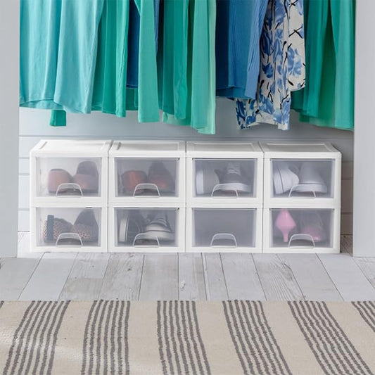 Sterilite 12-Pack 6 Quart Stacking Drawer, Clear Storage Closet Organizer, White Frame - Stackable Modular Plastic Drawers for Clothes, Accessories, Craft Supplies, Shoes or Linens