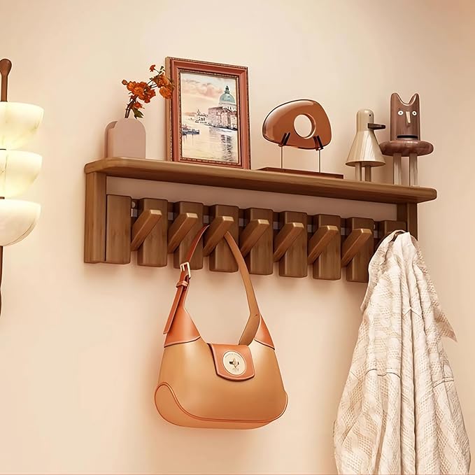 Wall Mounted Coat RackHooks Piano Key Hangers Natural Solid Wood Hanger Non-Woven Fabric Clothes Hangers for Closet, Kitchen, Bedroom, Bathroom, Entryway (Tray-Walnut, 8 Hooks)