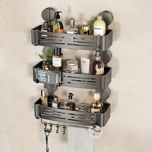 VOLPONE Shower Caddy Suction Cup No Drilling Suction Cup Shower Shelf Heavy Duty Bathroom Shower Organizer Storage Rack Adhesive with Towel Bar Hooks (3-Pack, Matte Gray)