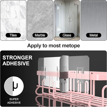 Getsrichfc 2025 New Adhesive Shower Caddy, Shower Shelves with 16 Hooks, Pink 2 Pack