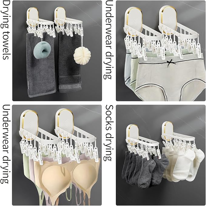 Wall-Mounted Foldable Laundry Rack with 11 Built-in Clips - Space-Saving Retractable Clothes Drying Organizer for Socks/Underwear, No Extra Hangers Needed, Collapsible Design for Bathroom/Balcony