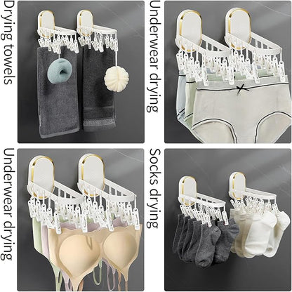 Wall-Mounted Foldable Laundry Rack with 11 Built-in Clips - Space-Saving Retractable Clothes Drying Organizer for Socks/Underwear, No Extra Hangers Needed, Collapsible Design for Bathroom/Balcony