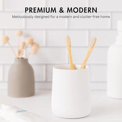 Yew Design Matte White Toothbrush and Toothpaste Holder and Cup for Bathroom Vanity and Countertop, Round Organizer for Electric Toothbrushes, Floss, Razors, Cotton, and Mouthwash