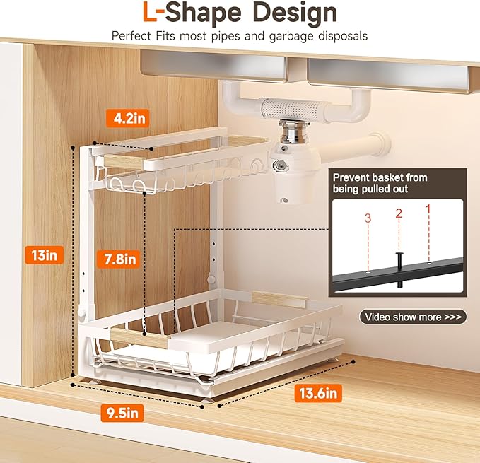 2 Packs Under Sink Organizer, High Adjustable 2 Tier Under Kitchen sink organizer, Multi-Purpose Storage Shelf for Kitchen Bathroom Cabinet (White)